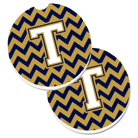 Carolines Treasures Letter T Chevron Navy Blue and Gold Set of 2 Cup Holder Car Coaster CJ1057-TCARC
